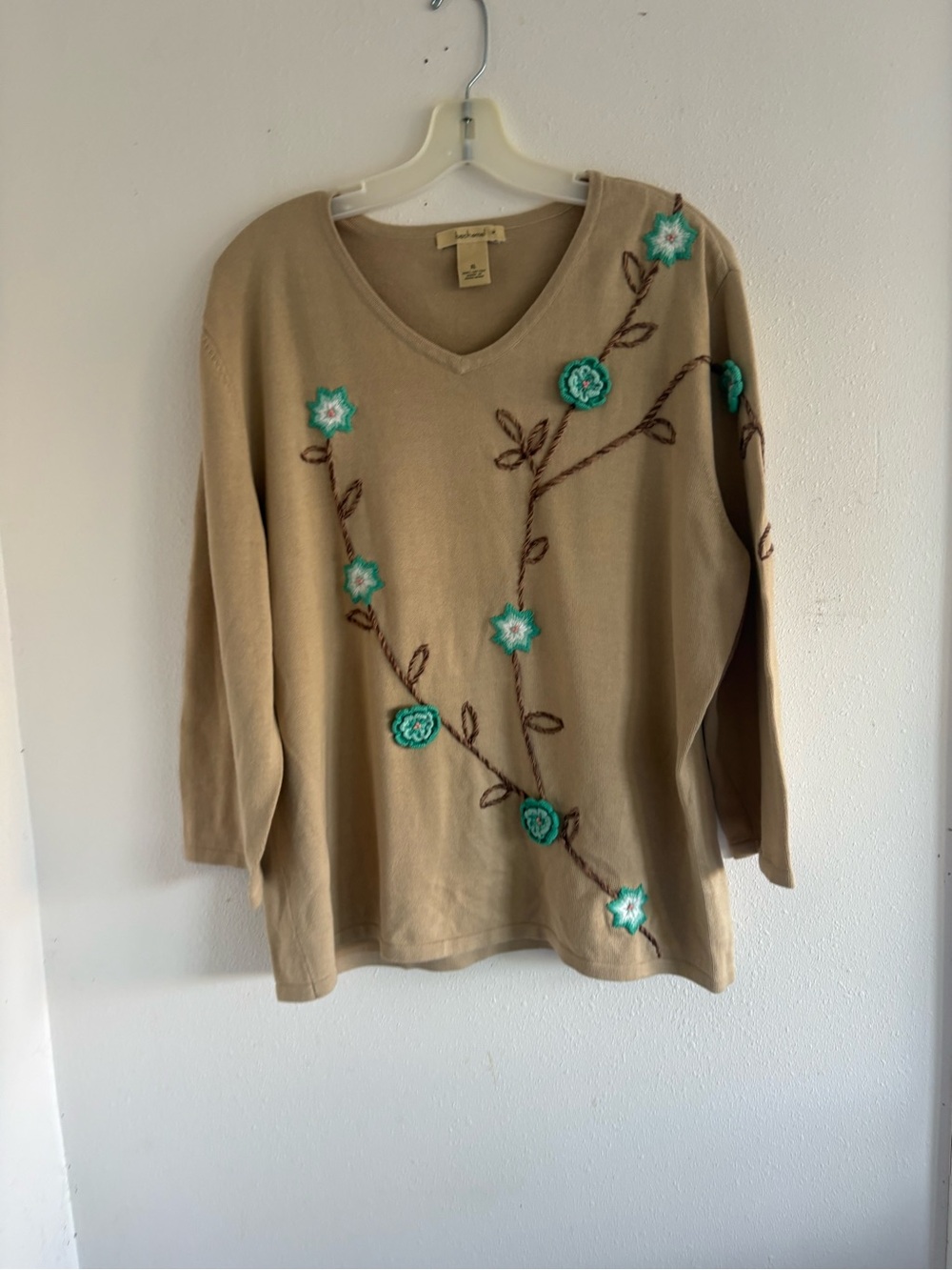 Bechamel Tan V-Neck Sweater with Teal Floral Embroidery